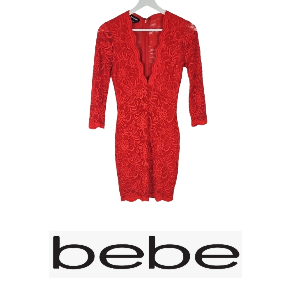 Bebe Lace Mini Dress Deep Vneck, Longsleeve, Red-Orange Party Dress